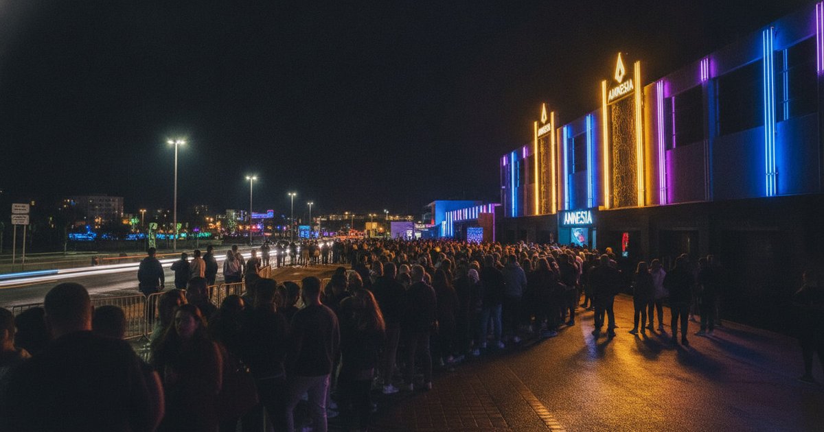 La fachada iluminada de la discoteca Amnesia en Ibiza con personas entrando durante la noche.