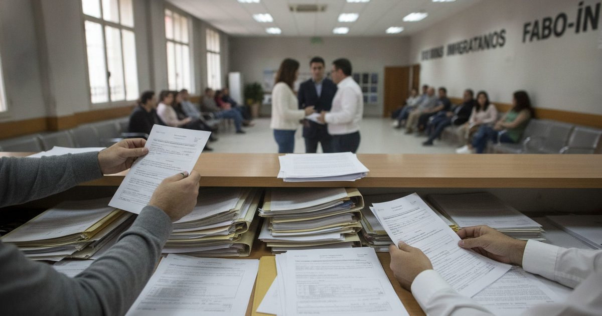 Manos de un solicitante presentando documentos en el mostrador de una oficina de extranjería en España, con formularios apilados de fondo.