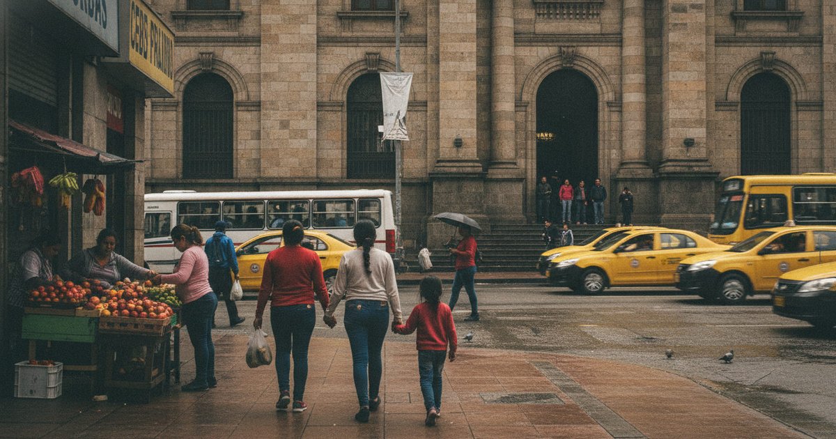 Escena de la vida cotidiana en una calle bulliciosa de Bogotá, Colombia, con transeúntes y edificios que sugieren un entorno urbano en medio de cambios.