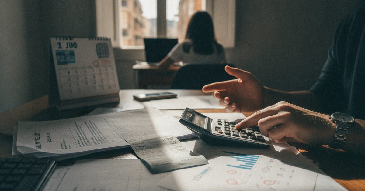 Manos revisando documentos de alquiler y facturas sobre una mesa con un calendario de julio, reflejando la gestión económica de un hogar.