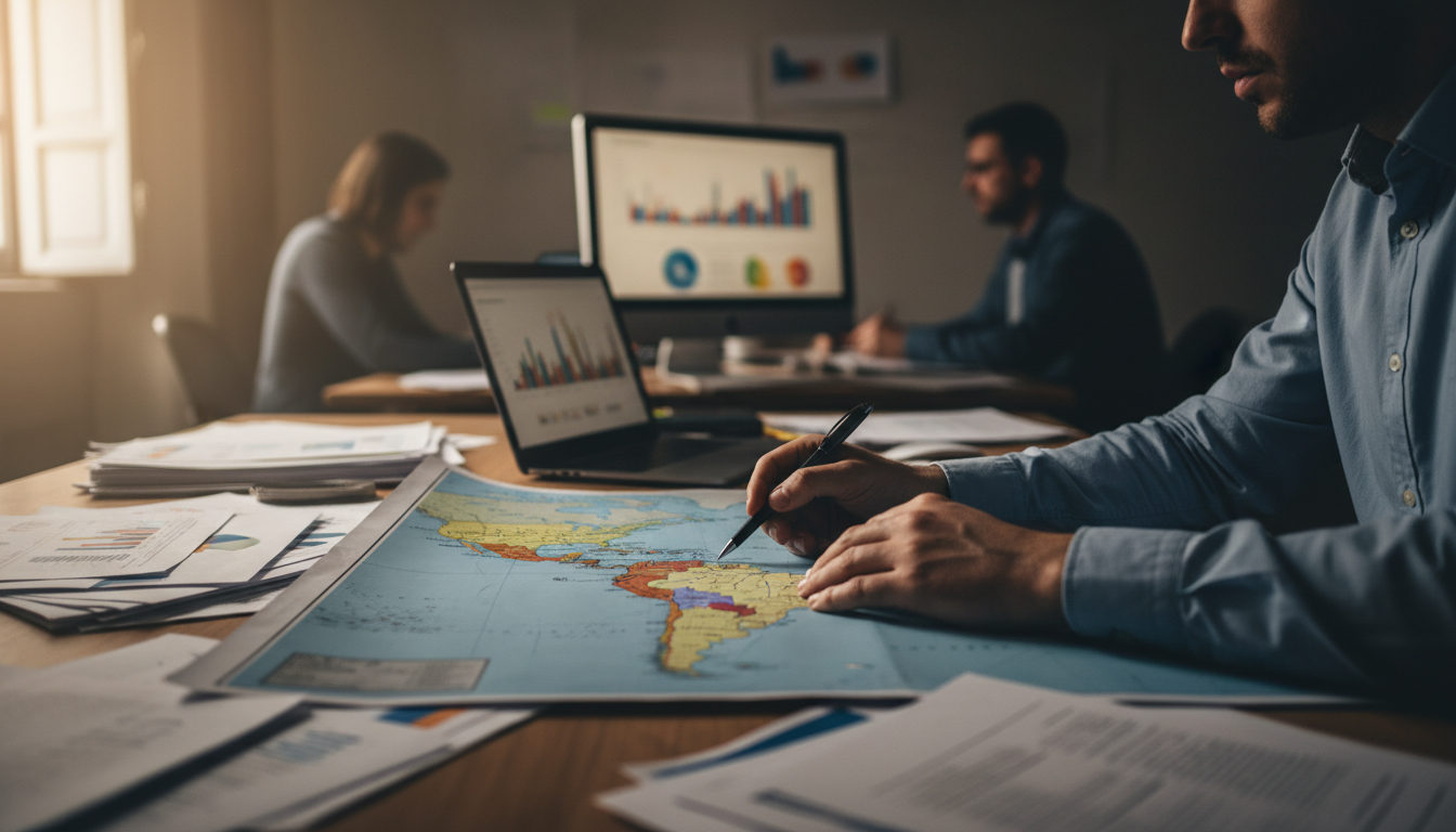 Manos de un periodista señalando un mapa de América Latina sobre una mesa con documentos y un portátil, en una oficina de prensa.