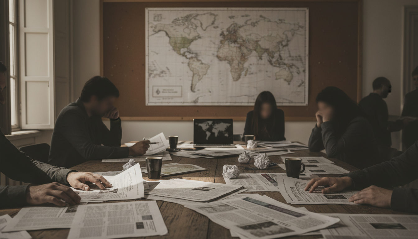 Manos sobre una mesa examinando periódicos con titulares de noticias políticas de América Latina, con un mapa borroso de la región de fondo.