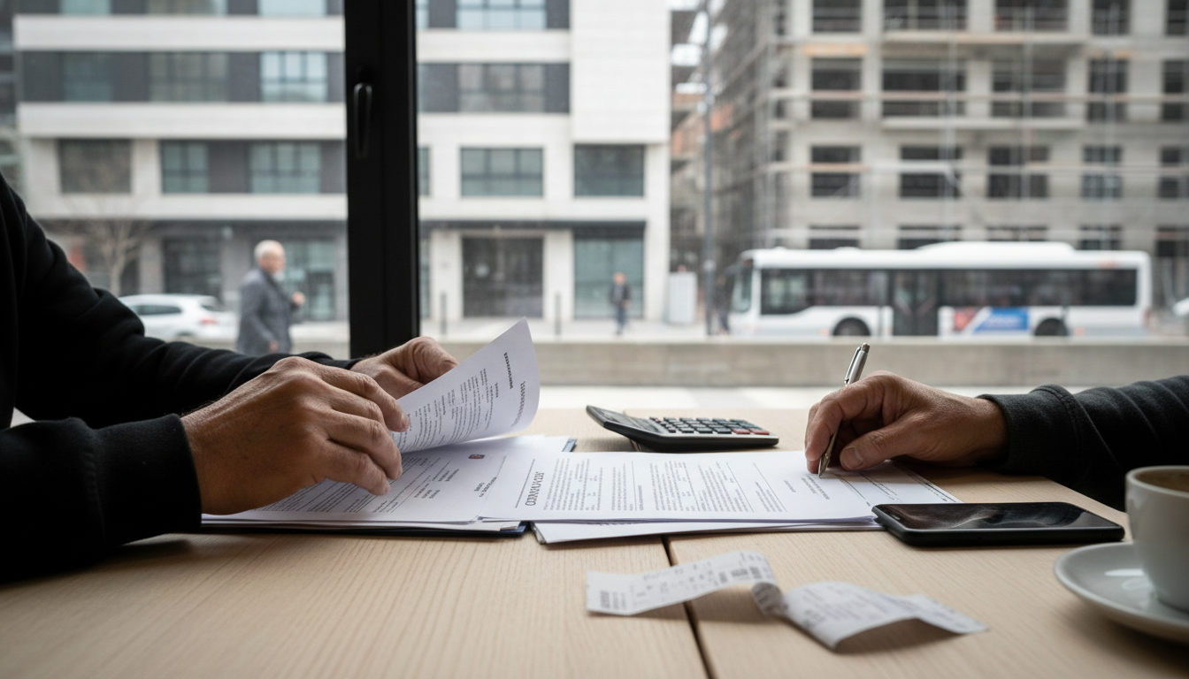 Manos de una persona revisando detenidamente un contrato de alquiler en una mesa, con el reflejo de la calle y edificios al fondo a través de una ventana.
