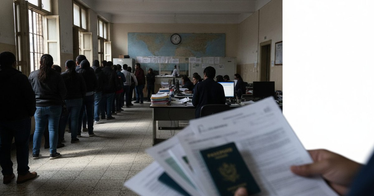 Manos de personas revisando documentos oficiales en el mostrador de una oficina de trámites migratorios en Latinoamérica.