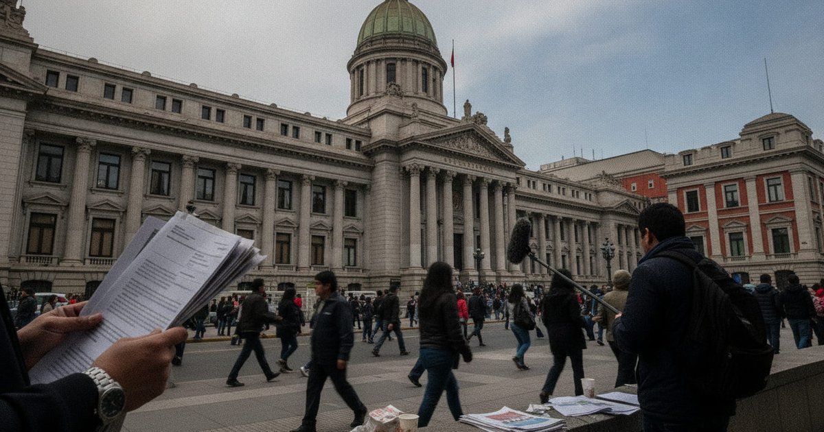 Vista exterior de un edificio judicial en Santiago de Chile, con personas transitando y un micrófono en primer plano, sugiriendo la cobertura de una noticia.