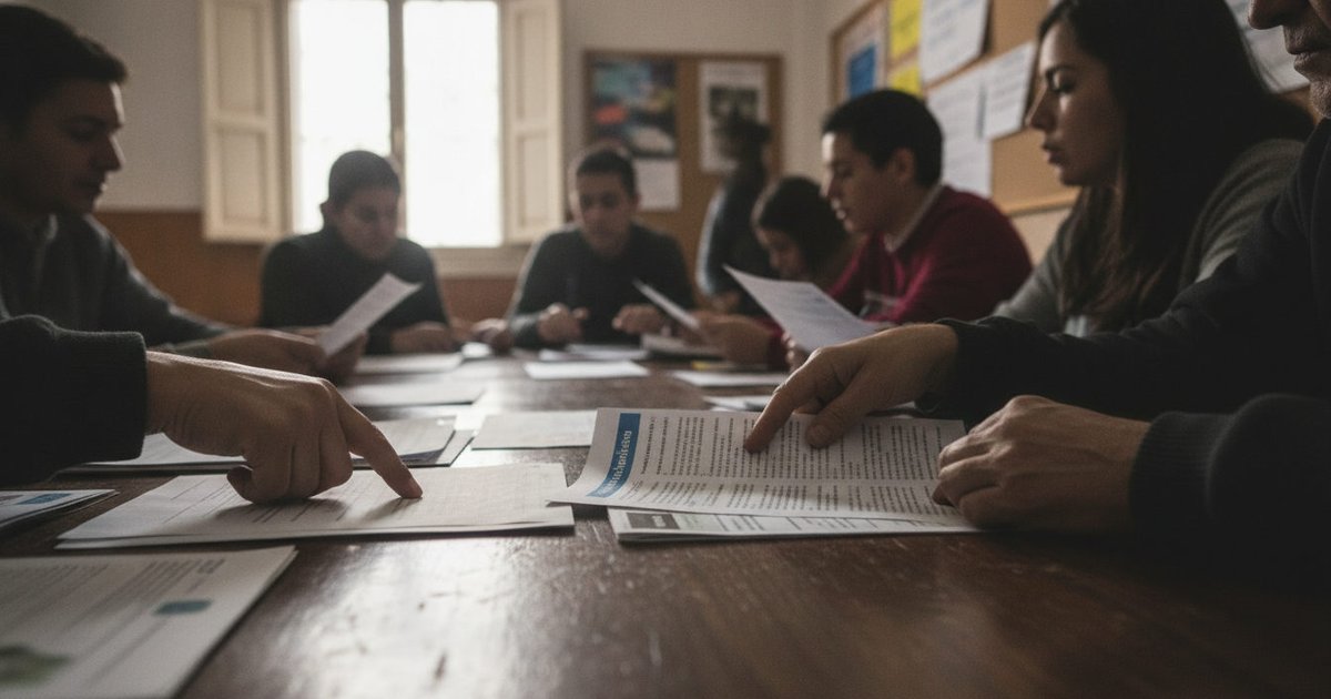 Varias manos de personas latinas sobre una mesa, revisando papeles y folletos informativos en una reunión de apoyo vecinal en un barrio de Madrid.