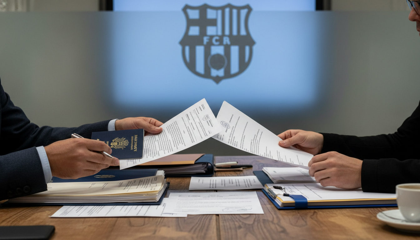 Manos de personas adultas examinando documentos oficiales sobre una mesa, con el logo del Ajuntament de Barcelona desenfocado al fondo.