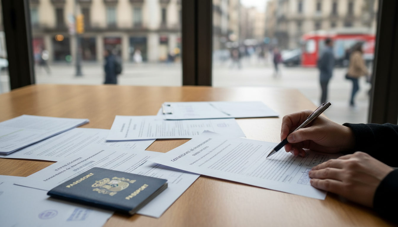 Documentos sobre una mesa, incluyendo un pasaporte y certificados, con unas manos señalando un formulario. Representa el proceso de organización de papeles para trámites migratorios.
