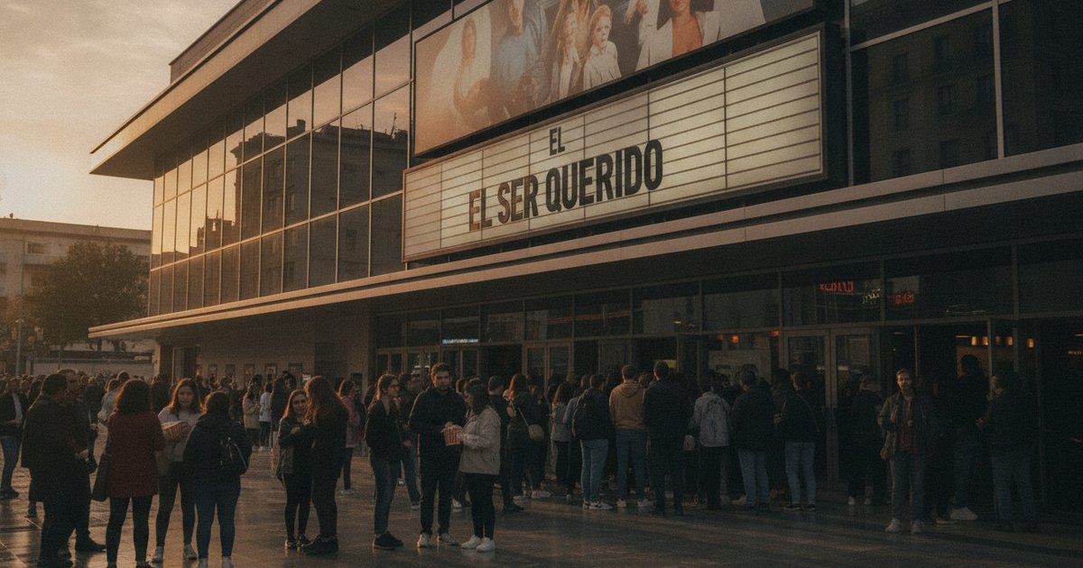 Entrada de un cine en España con el cartel de 'El ser querido', donde varias personas de la comunidad latina conversan y hacen fila para ver la película.
