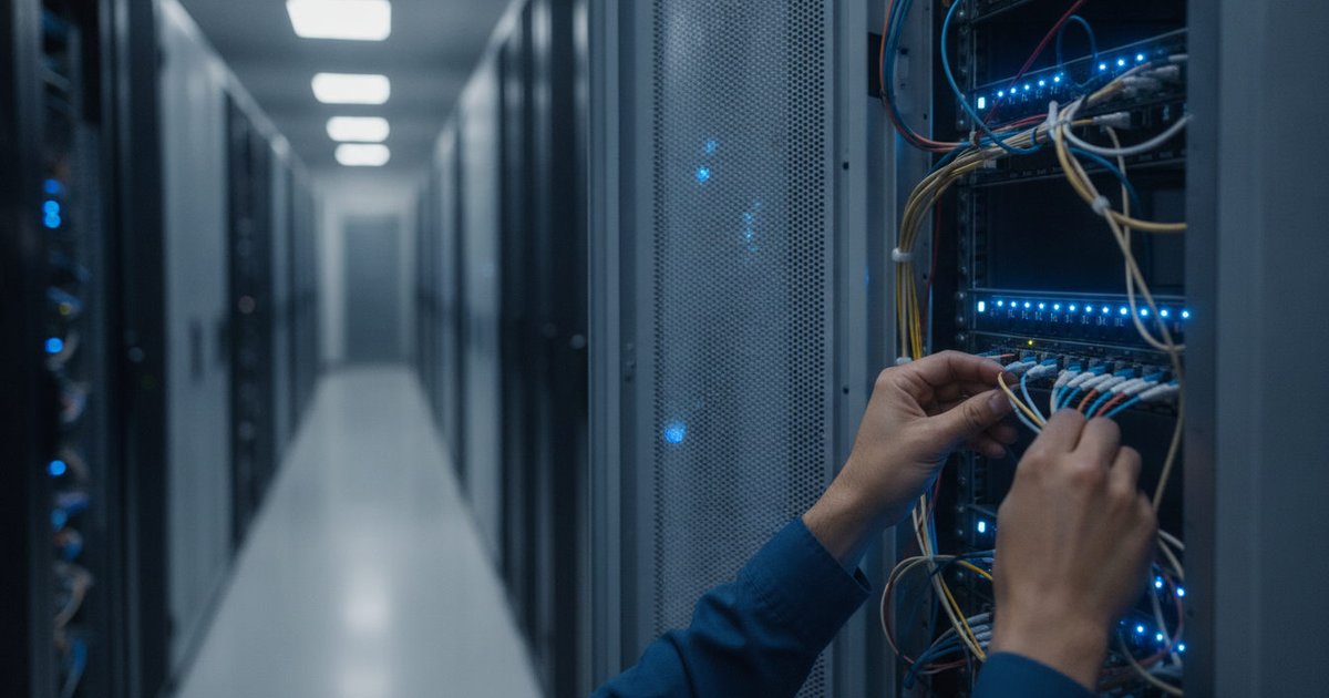 Detalle de las manos de un técnico conectando cables en un rack de servidores, con el brillo azul de la tecnología en un centro de datos de la región.