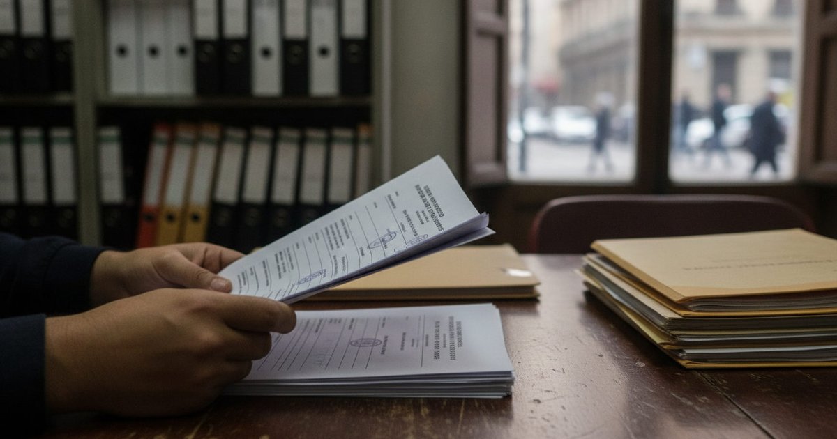 Manos sosteniendo expedientes y formularios de solicitud de extranjería sobre una mesa en una oficina de trámites.