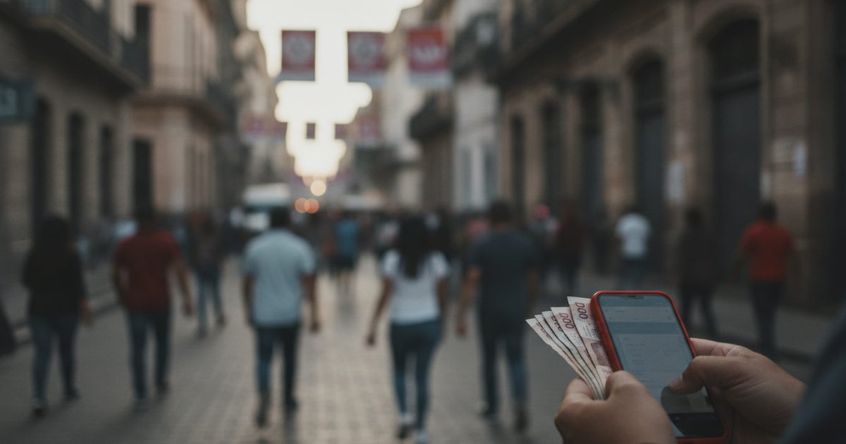 Manos revisando un móvil con una aplicación bancaria en una calle concurrida de una ciudad latinoamericana, con carteles electorales al fondo.