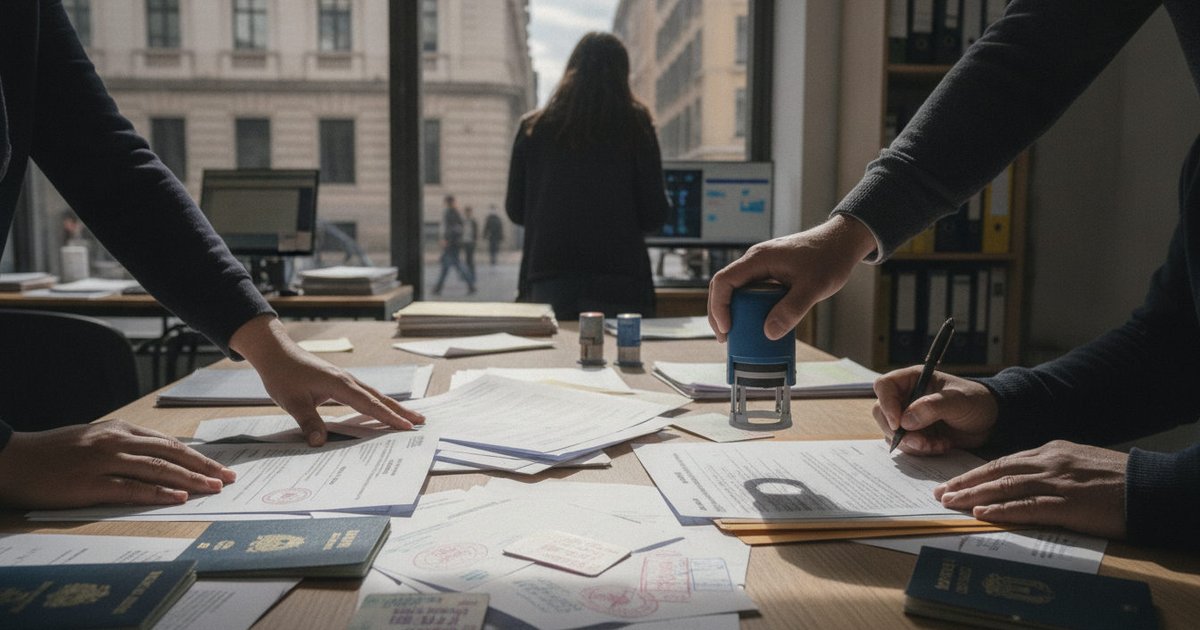 Manos colocando documentos de migración de Argentina y Colombia sobre un escritorio con sellos y bolígrafos.