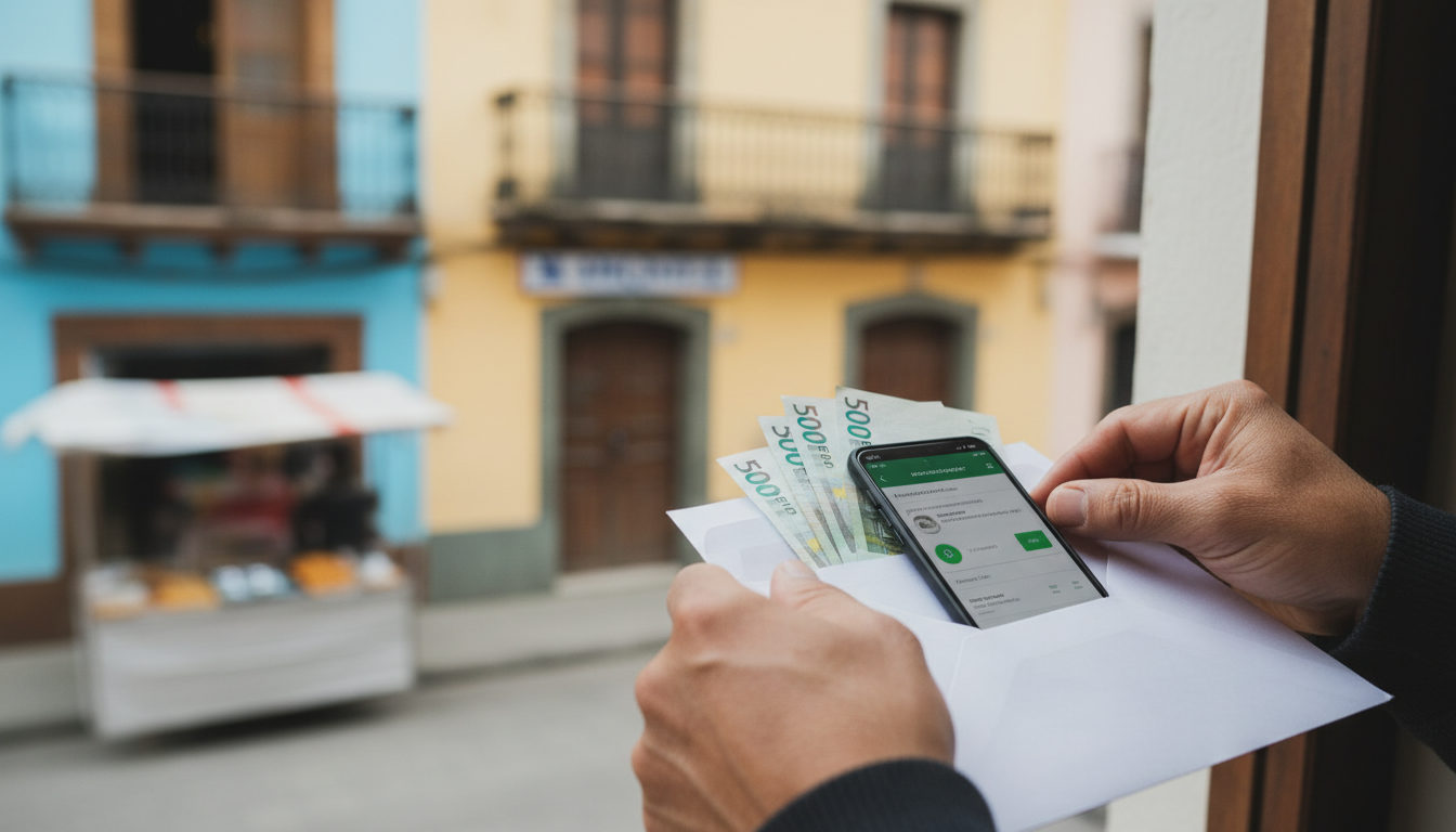 Manos de una persona sosteniendo billetes y un teléfono móvil, preparándose para enviar dinero, con el fondo desenfocado de una calle latinoamericana con personas y comercios.