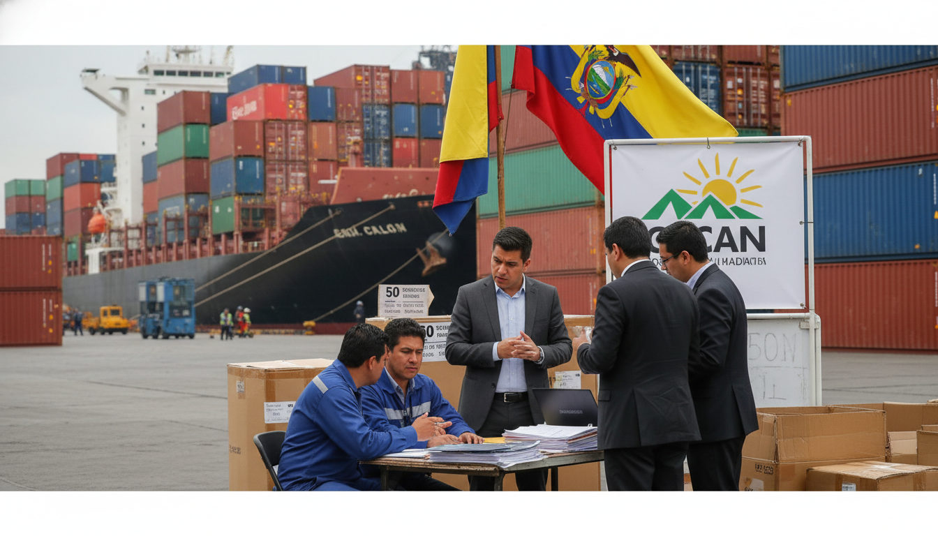 Vista de un puerto de carga activo en la región andina, con contenedores, barcos y trabajadores, mientras un pequeño grupo de personas examina documentos de comercio.