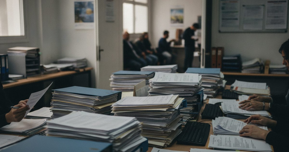 Documentos y expedientes apilados en el escritorio de una oficina de la Fiscalía de Ceuta, con manos trabajando en primer plano.