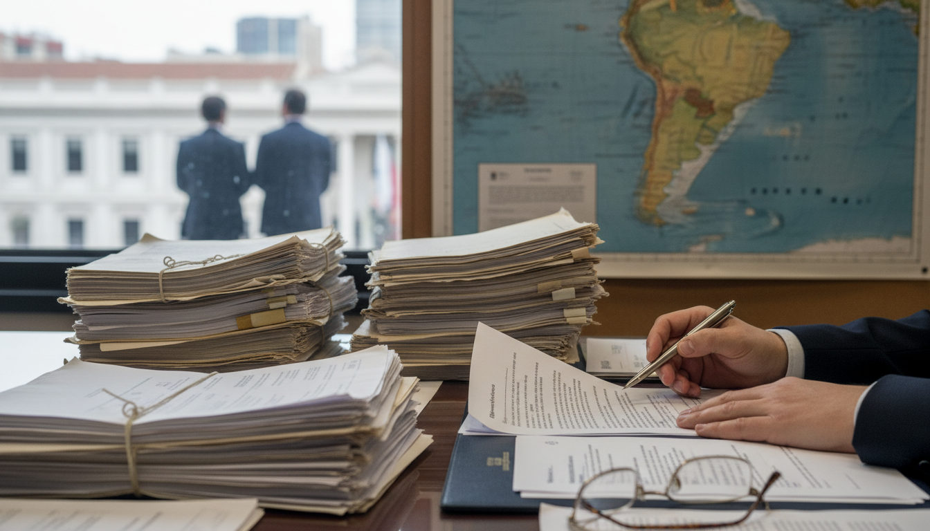 Manos de funcionarios revisando documentos de inmigración en una mesa de oficina, con un mapa de Sudamérica de fondo.