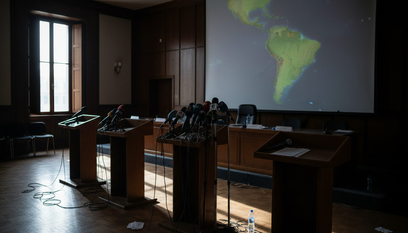 Sala de prensa con micrófonos y un mapa de América Latina al fondo, reflejando el ambiente de tensión diplomática.