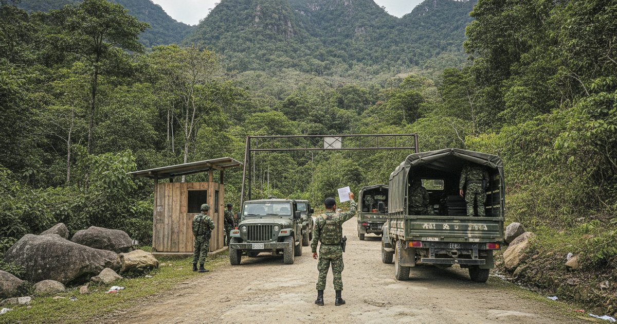 Agentes uniformados y vehículos militares en un puesto de control fronterizo en una zona boscosa del Pacífico, con montañas de fondo.