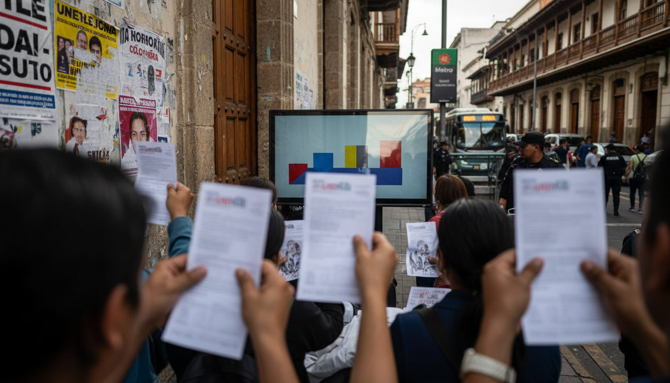 Varias manos anónimas depositan un voto en una urna de plástico transparente en un colegio electoral de Colombia, con carteles de campaña electoral desenfocados al fondo.
