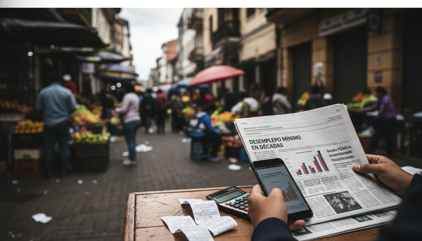 Manos sosteniendo un periódico con titulares económicos y gráficos, con una calle concurrida de una ciudad colombiana de fondo, simbolizando la dualidad económica del país antes de las elecciones.