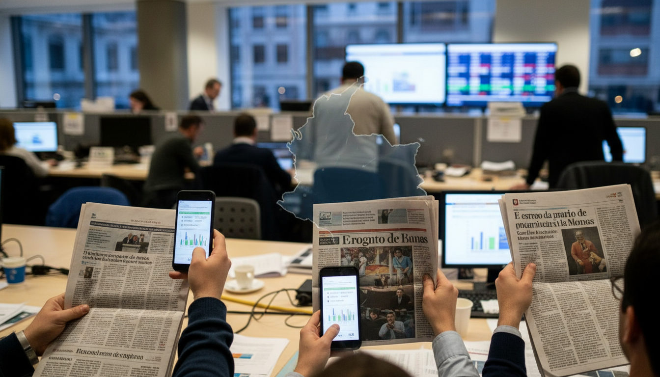 Manos de personas leyendo noticias electorales de Colombia en periódicos y teléfonos móviles, con el mapa del país como fondo. La escena transmite expectación por los resultados electorales.