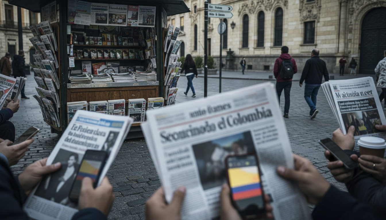 Varias manos anónimas, de personas de diferentes edades, sosteniendo periódicos y teléfonos móviles que muestran titulares sobre la segunda vuelta de las elecciones en Colombia, con el fondo desenfocado de una calle con ambiente de noticiario.