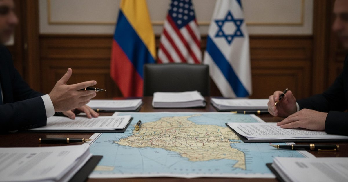 Manos de funcionarios revisando documentos oficiales en una mesa de negociación, con sutiles banderas de Colombia, Estados Unidos e Israel de fondo, reflejando un acuerdo diplomático.
