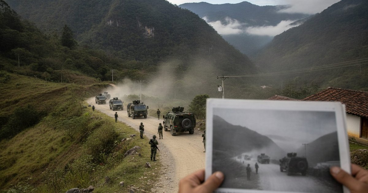 Vehículos militares patrullando una carretera de tierra en una zona montañosa de Guaviare, Colombia, bajo un cielo parcialmente nublado.