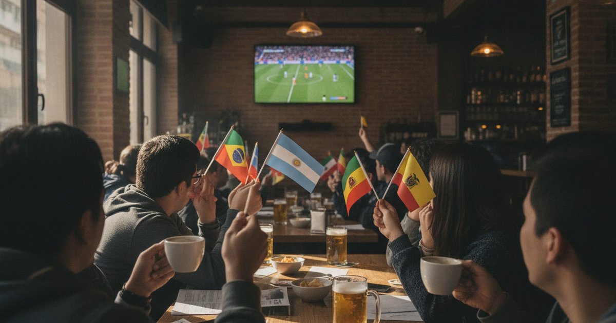 Aficionados latinos en un bar de Madrid observando con atención el partido de Colombia en el Mundial 2026, con banderas de fondo.