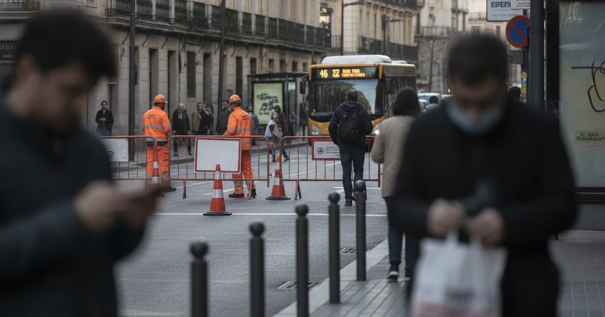 Varias señales de tráfico con desvíos y barreras en una calle de Madrid, con un autobús al fondo y peatones que consultan sus teléfonos, reflejando las afectaciones por los preparativos de un evento.