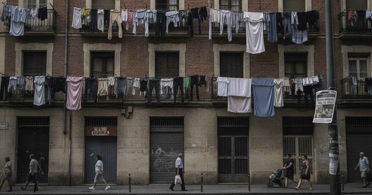 Edificio de apartamentos en un barrio obrero de España, con ropa tendida en los balcones y gente en la calle, reflejando la vida urbana y la presión de la vivienda.