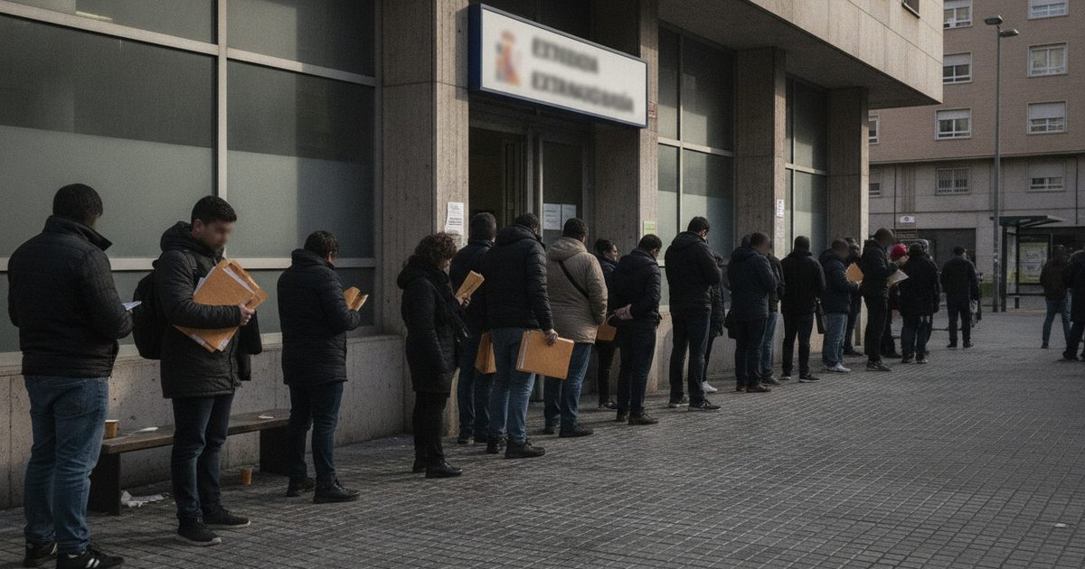 Varias personas esperan con documentos en la entrada de una oficina de Extranjería en una calle urbana de España.