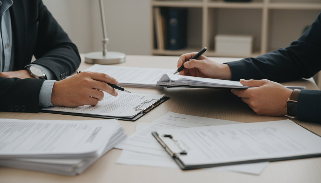 Manos revisando documentos laborales sobre una mesa en una oficina, sin rostros visibles