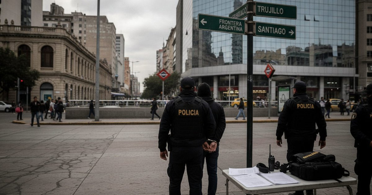 Manos esposadas de un sospechoso mientras es conducido por agentes policiales en una calle de La Paz, Bolivia, tras un operativo contra una red criminal transnacional.
