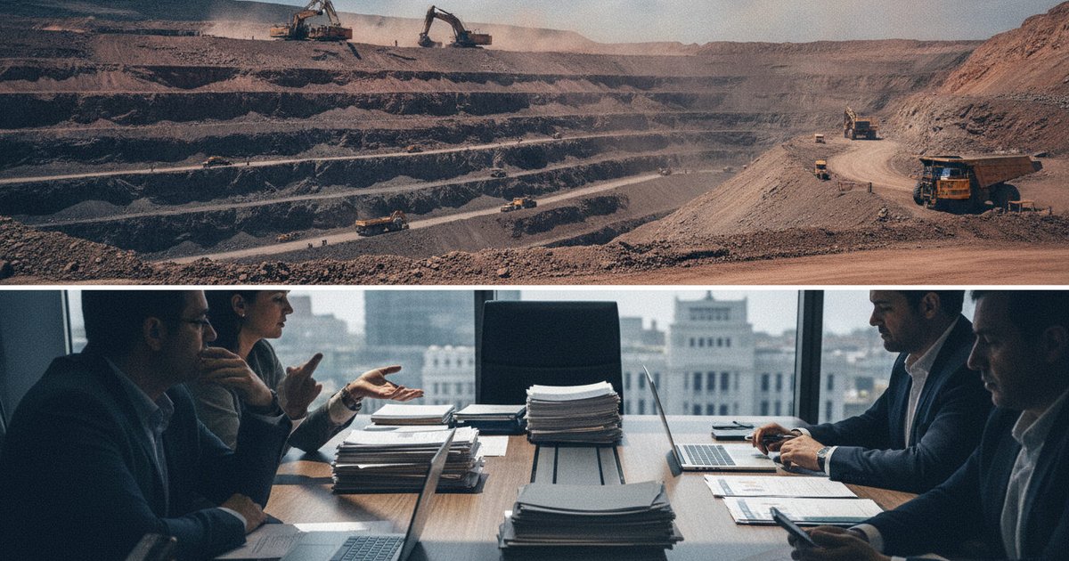 Operación de extracción en una mina de cobre a cielo abierto en el norte de Chile, con maquinaria pesada trabajando en la ladera de la excavación.
