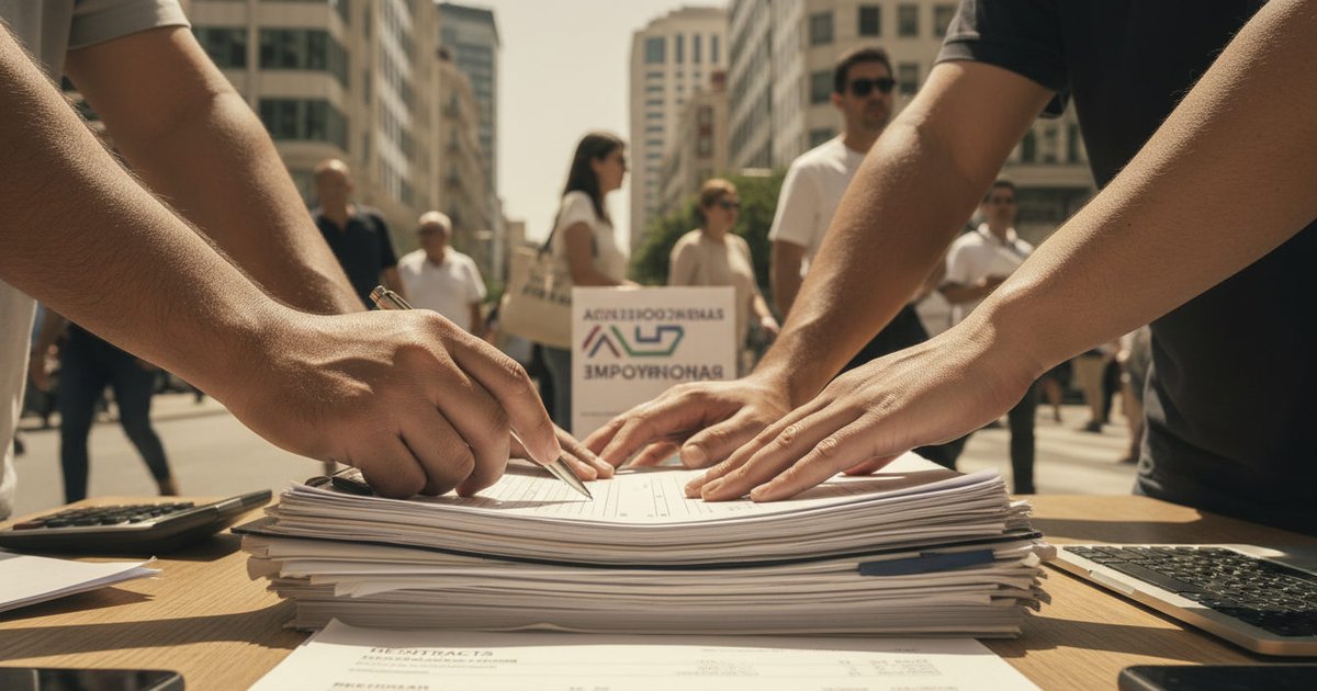 Manos de diversas personas sobre contratos y documentos de trabajo, simbolizando la nueva oferta de empleo y sus condiciones para la comunidad migrante.