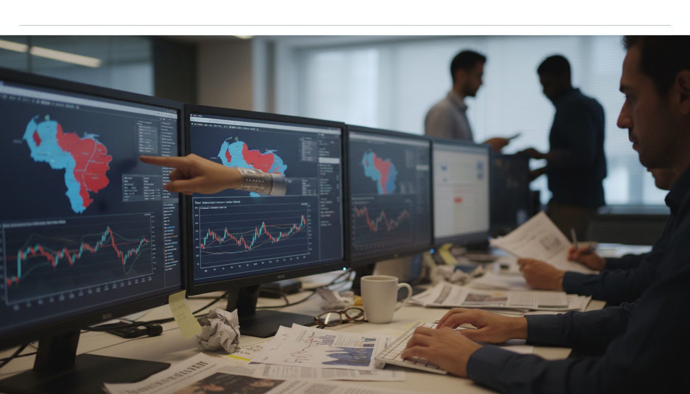 Manos de periodistas sobre documentos y pantallas en una redacción, mostrando la intensidad del seguimiento de las noticias sobre Venezuela y su impacto internacional.