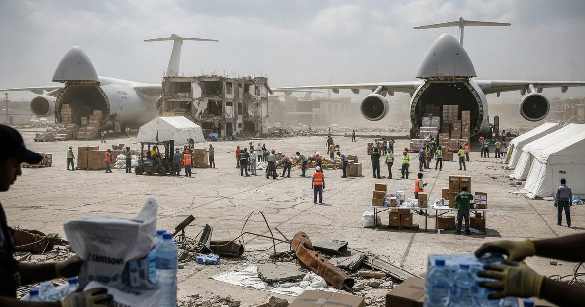 Varias personas descargan cajas de ayuda humanitaria de un avión de carga en una pista de aterrizaje, con tiendas de campaña de emergencia al fondo.
