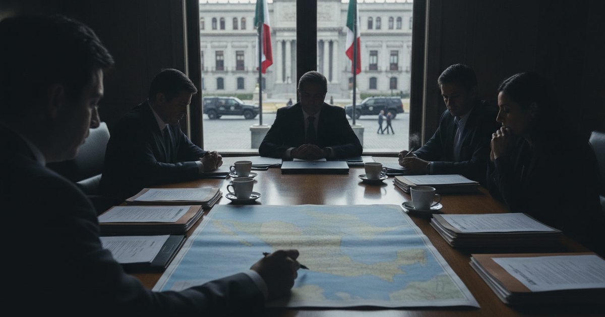 Manos de funcionarios examinando documentos sobre una mesa con mapas y sellos oficiales de México, en una sala de reuniones que sugiere discusiones complejas.