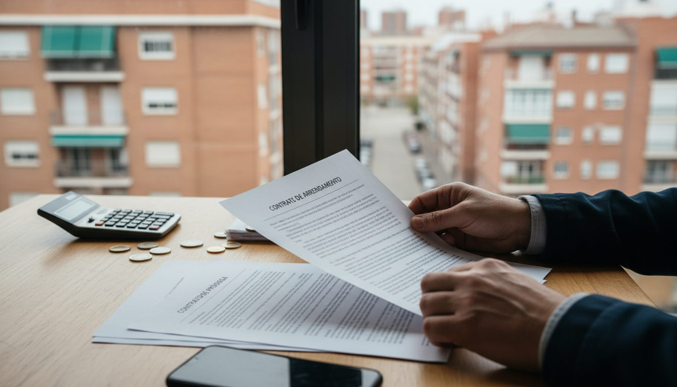 Manos revisando documentos de un contrato de alquiler sobre una mesa con un fondo urbano difuso en España, simbolizando la gestión de la vivienda.