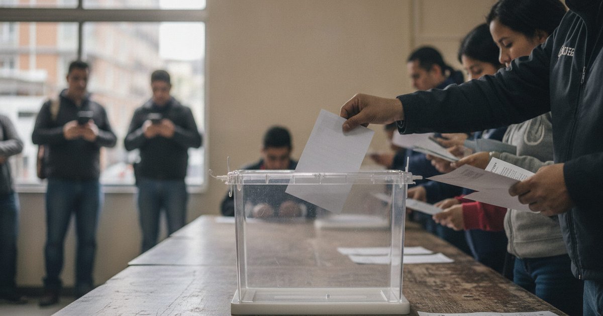 Mano de un votante introduciendo una papeleta en una urna electoral, con voluntarios vigilando el proceso en un colegio de Colombia.