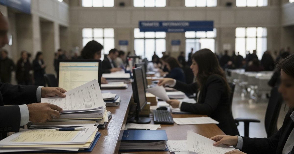 Manos de un trabajador migrante entregando documentos en el mostrador de una oficina de empleo en España, con carpetas y un ordenador al fondo.