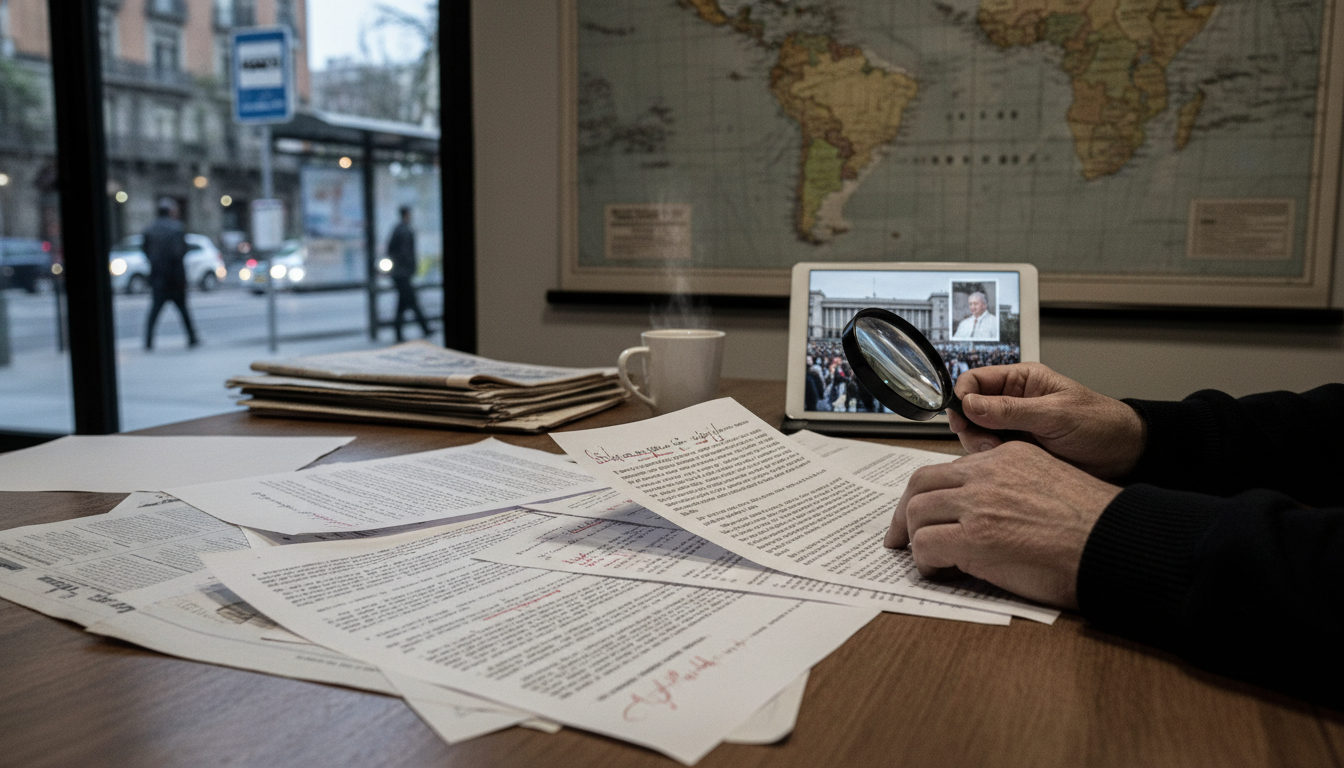 Manos de un periodista examinando documentos y notas sobre una mesa, con un mapa de América Latina desenfocado al fondo, ilustrando una investigación.