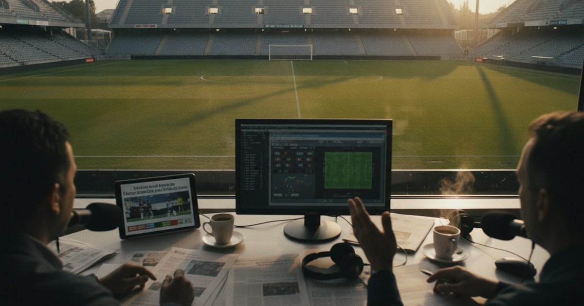 Estadio de fútbol con el césped iluminado por el sol del atardecer, destacando la quietud de las gradas vacías.
