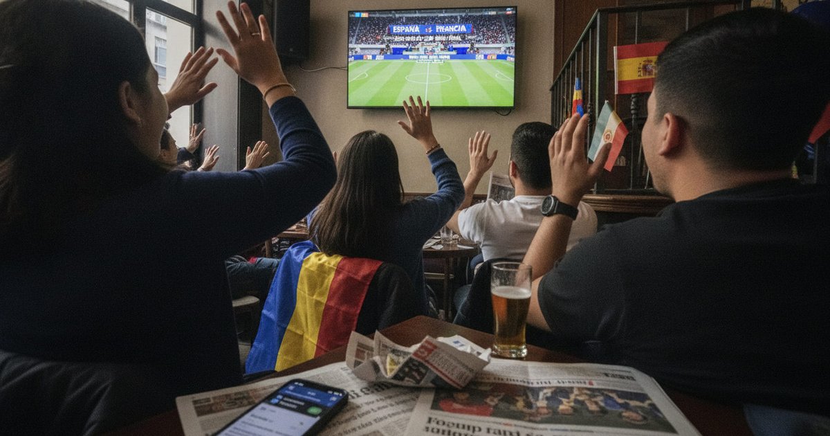 Aficionados latinos en España reunidos en un salón viendo en televisión la semifinal del Mundial 2026 entre España y Francia.