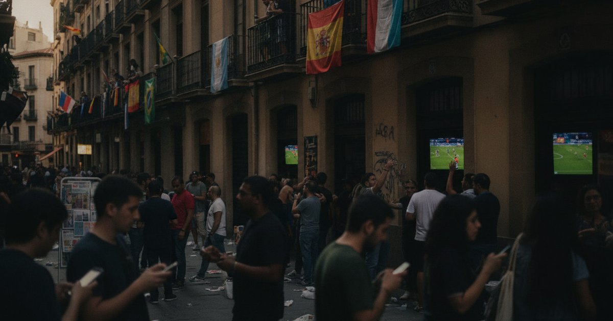 Personas reunidas en un bar de un barrio latino en España, atentas a un televisor que muestra un partido del Mundial 2026, con banderas de España y países latinos decorando el ambiente.