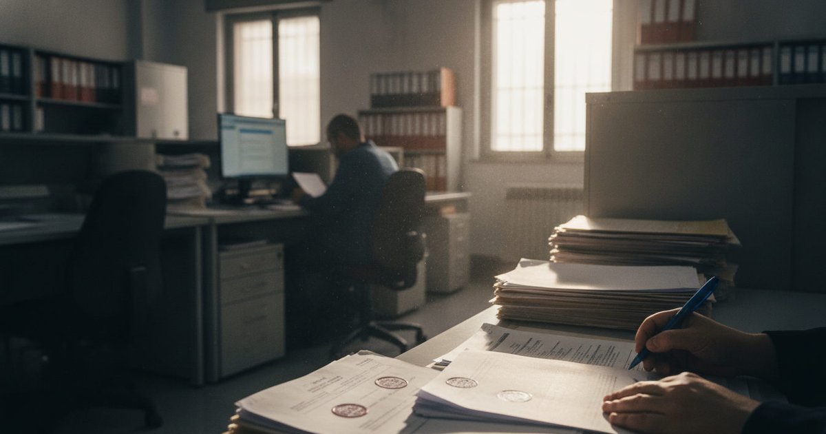 Manos revisando documentos oficiales en una mesa de oficina, con un sello visible, en un contexto de administración pública española.