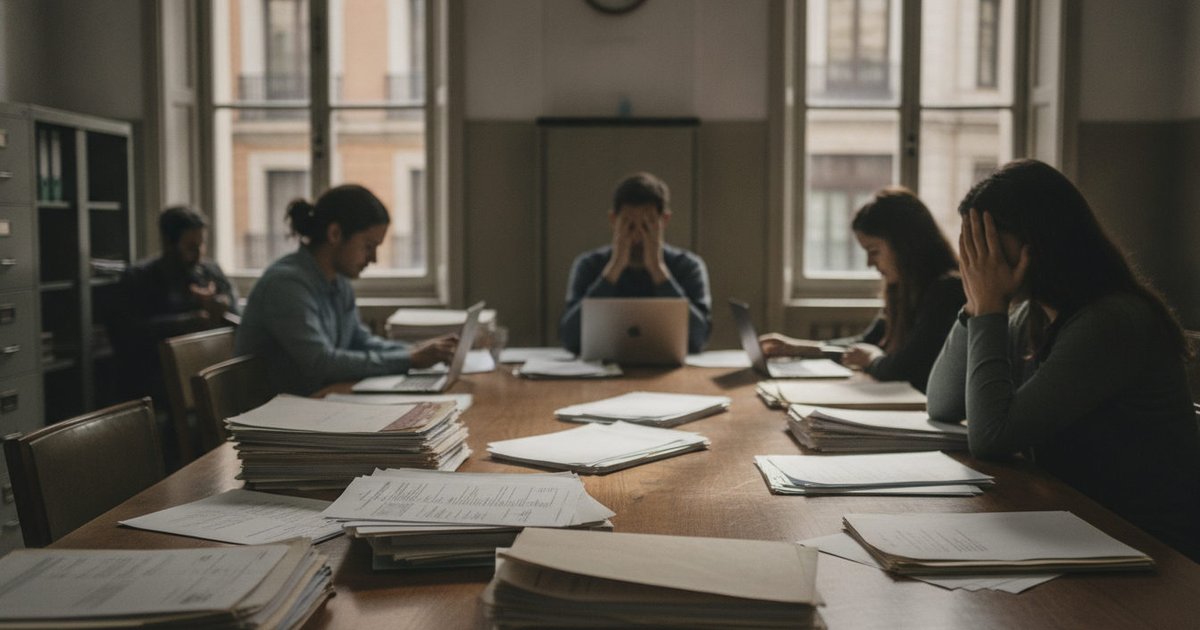 Manos jóvenes de diversas etnias revisando documentos en una mesa de oficina, con gestos de preocupación y espera, sobre una pila de papeles y contratos.