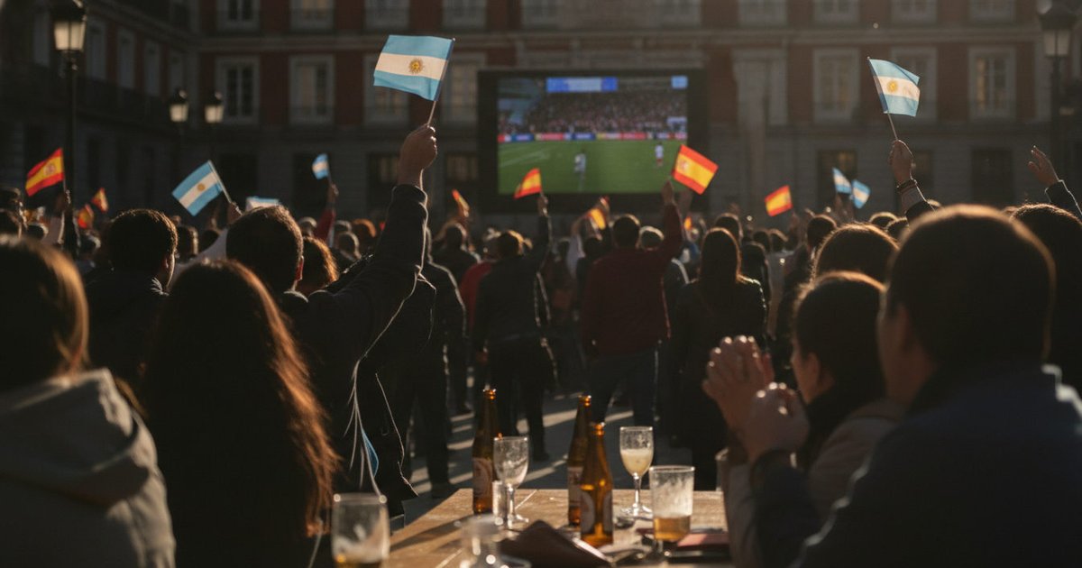 Varias personas con banderas de España y Argentina en un bar en España, animando emocionadas frente a una pantalla durante la final del Mundial.